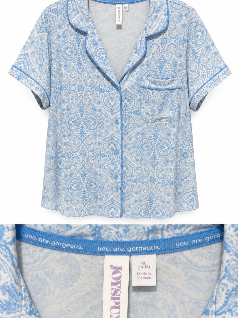 Joyspun Light Blue Paisley Short-Sleeve Pajama Top
